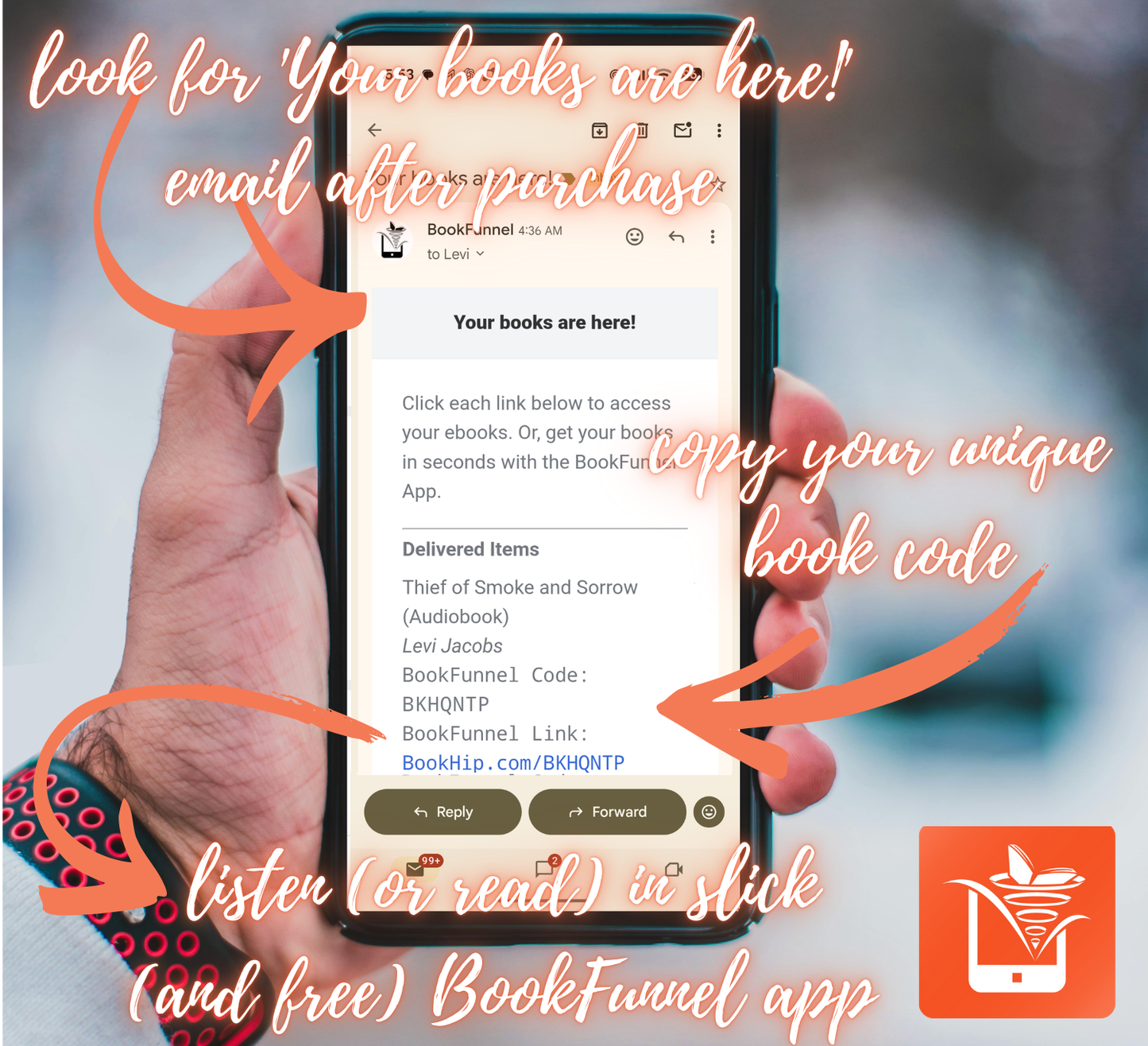 Hand holding a smartphone displaying a BookFunnel app screen with text instructions.