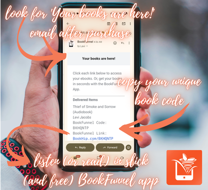 Hand holding a smartphone displaying a BookFunnel app screen with text instructions.