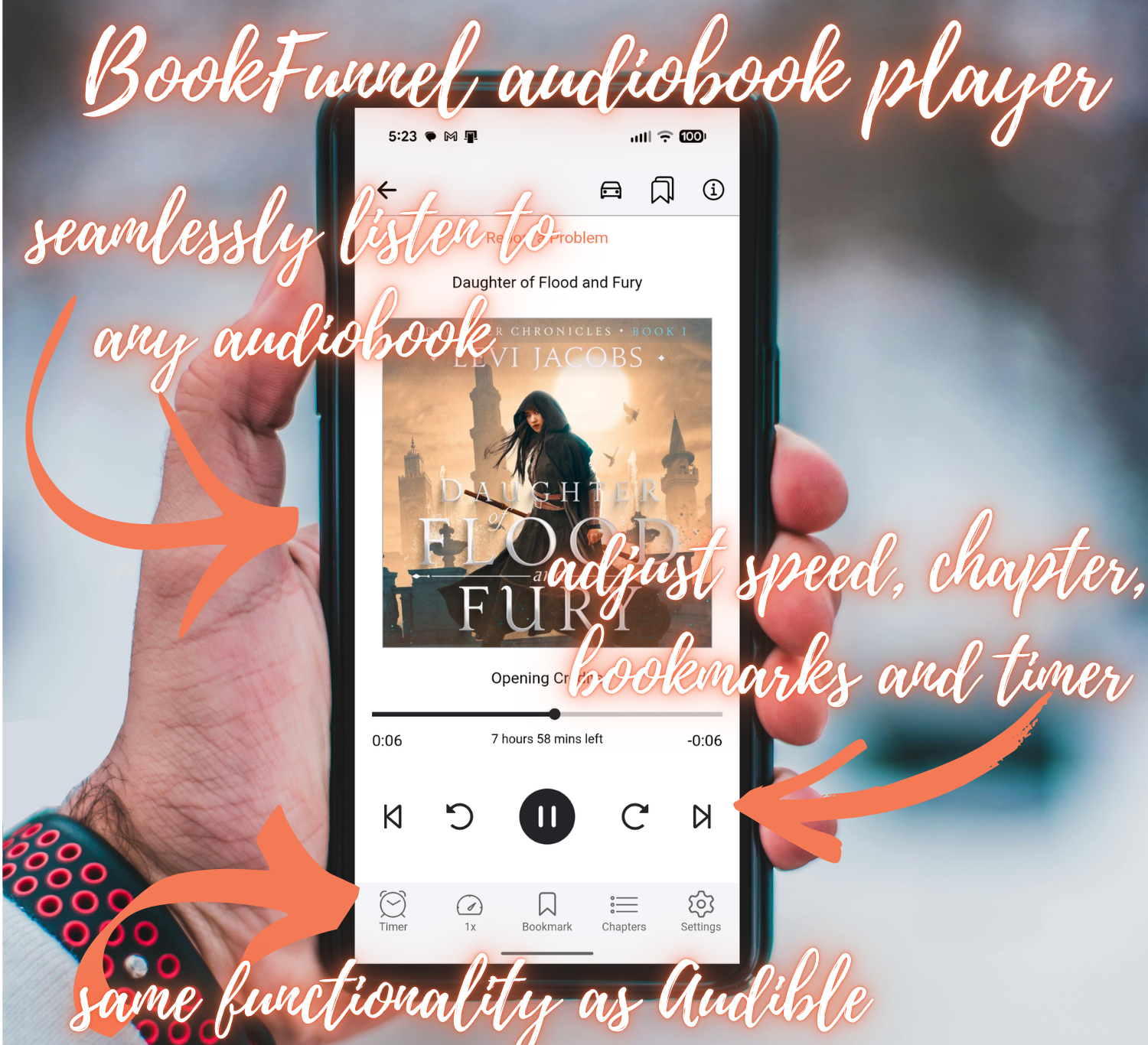 Hand holding a smartphone with an audiobook player app open, featuring text about BookFunnel audiobook player.