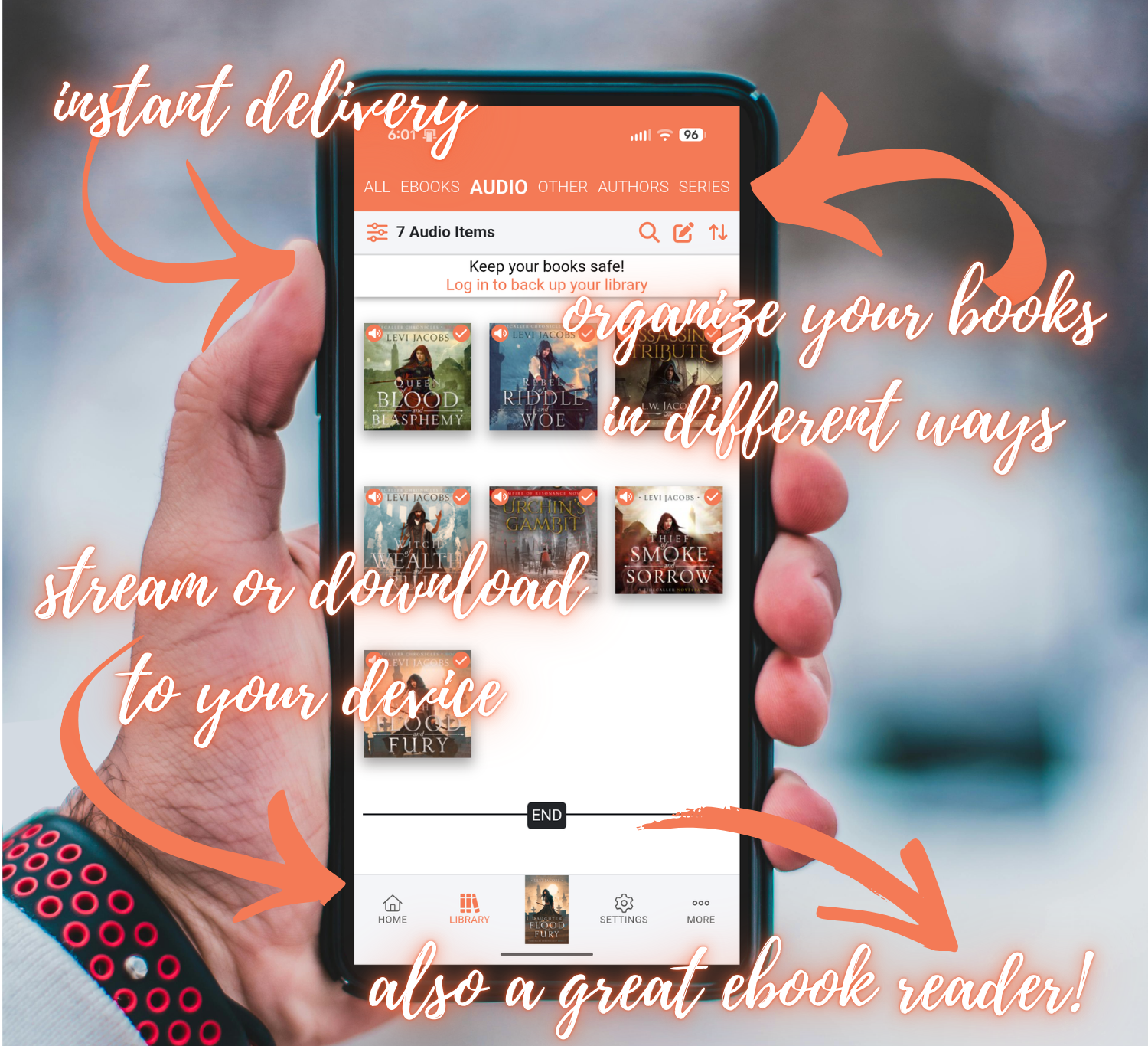 Hand holding a smartphone displaying an eBook reader app with text highlighting features like instant delivery and ebook reader capabilities.
