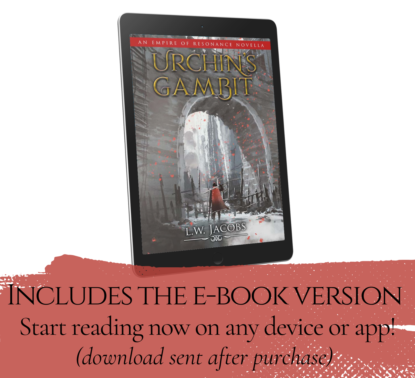 E-book version of 'Urchins Gambit' displayed on a tablet with promotional text.
